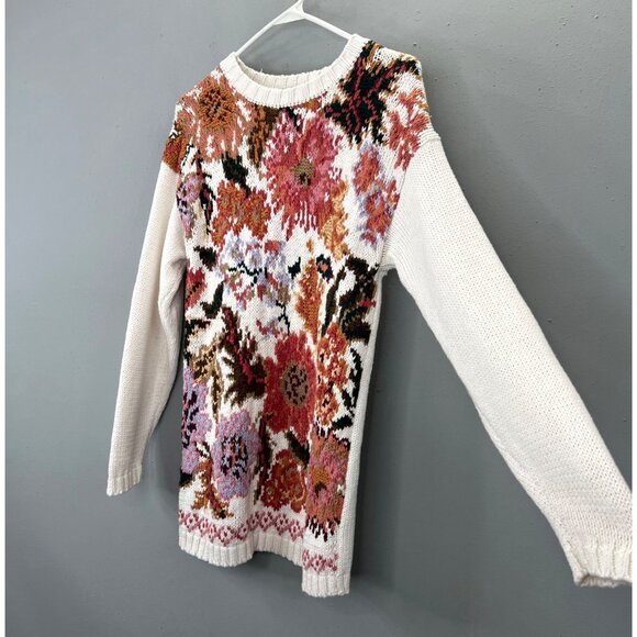 Vintage Rachel Max Chunky Floral Tunic Sweater M Cottagecore Cream Mustard Pink - Picture 2 of 5